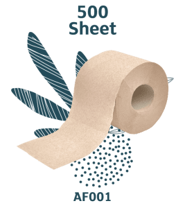 A brown toilet roll labeled 500 Sheet (AF001), partially unrolled, shown against a decorative background with blue leaf and dotted patterns.