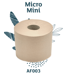 A brown roll of Micro Mini toilet tissue (AF003) displayed against a decorative background with blue leaf and dotted patterns.