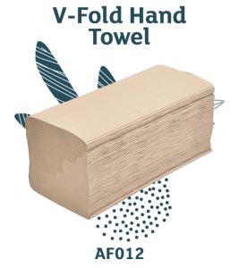 A stack of brown V-Fold Hand Towels (AF012) displayed against a decorative background with blue leaf and dotted patterns.