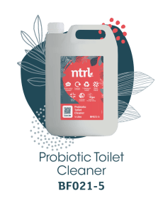 A 5-litre container of ntrl Probiotic Toilet Cleaner (BF021-5) with a red label, displayed against a decorative background featuring illustrated leaves and dots.