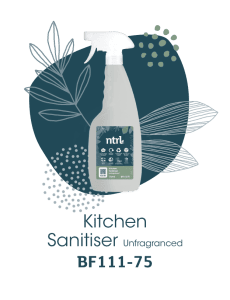 A spray bottle of ntrl Kitchen Sanitiser Unfragranced (BF111-75) with a green label, displayed against a decorative background featuring illustrated leaves and dotted patterns.