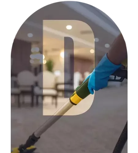 A cleaning technician wearing yellow gloves uses a professional carpet cleaning machine on the floor of a furnished room, with a large translucent letter "D" overlaid in the centre.