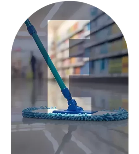 A blue flat mop is positioned on a shiny retail floor, with shelves of products visible in the blurred background. The image is overlaid with a large translucent letter "E" in the centre.
