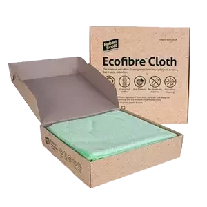 An open cardboard box of Robert Scott Ecofibre Cloths, showing folded green cleaning cloths inside, with eco-friendly product details printed on the packaging.