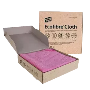 An open cardboard box of Robert Scott Ecofibre Cloths, showing folded pink cleaning cloths inside, with eco-friendly product details printed on the packaging.