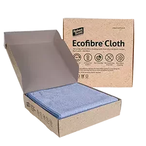 An open cardboard box of Robert Scott Ecofibre Cloths, showing folded blue cleaning cloths inside, with eco-friendly product details printed on the packaging.