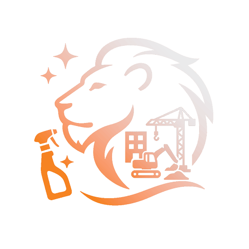 A stylised logo featuring a lion’s head with construction cleaning elements, including a crane, excavator, building, spray bottle, and sparkling stars, designed in a gradient orange and white colour scheme.