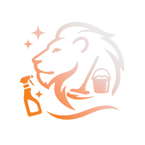 A stylised logo featuring a lion’s head alongside cleaning symbols, including a mop, bucket, spray bottle, and sparkling stars, designed in a gradient orange and white colour scheme.