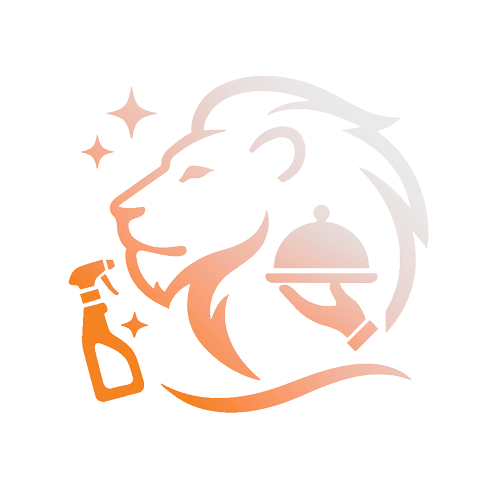 A stylised logo featuring a lion’s head with hospitality cleaning elements, including a hand holding a serving tray, a spray bottle, and sparkling stars, designed in a gradient orange and white colour scheme.