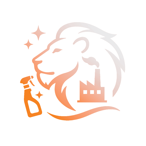 A stylised logo featuring a lion’s head with industrial cleaning elements, including a factory icon, spray bottle, and sparkling stars, designed in a gradient orange and white colour scheme.