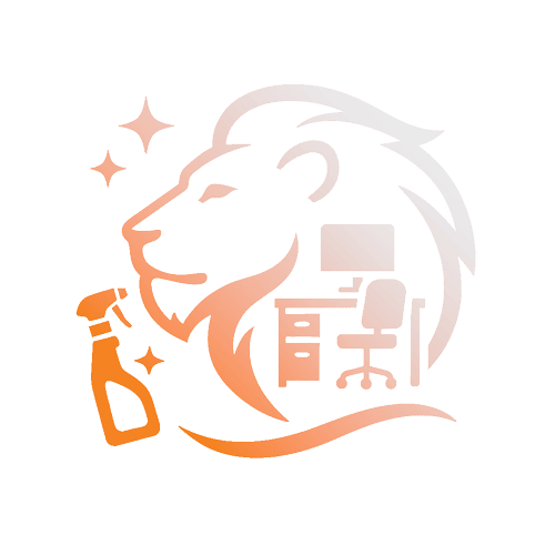 A stylised logo featuring a lion’s head combined with office cleaning elements, including a desk, chair, spray bottle, and sparkling stars, designed in a gradient orange and white colour scheme.