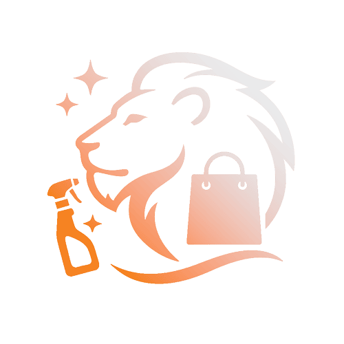 A stylised logo featuring a lion’s head with retail cleaning elements, including a shopping bag, a spray bottle, and sparkling stars, designed in a gradient orange and white colour scheme.