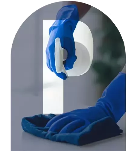 A cleaning professional wearing yellow gloves sprays a surface and wipes it with a blue cloth, with a large translucent letter "P" overlaid in the centre.