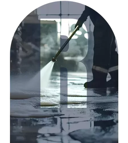 A worker uses a pressure washer to clean a wet industrial floor, with water and foam visible across the surface. The image is overlaid with a large translucent letter "R" in the centre.